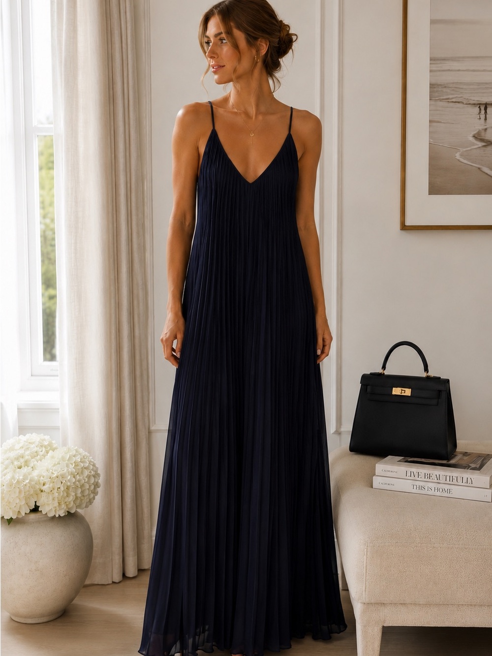 BCBGMaxAzria Navy Pleated V-Neck Spaghetti-Strap Maxi Dress